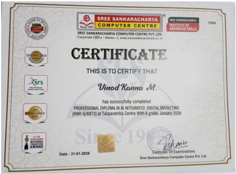 Professional Diploma in AI Integrated Digital Marketing certificate issued by Sree Sankaracharya Computer Centre