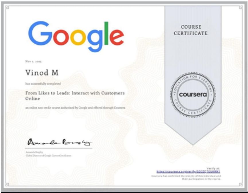 From Likes to Leads: Interact with Customers Online certificate issued by Google (Coursera)