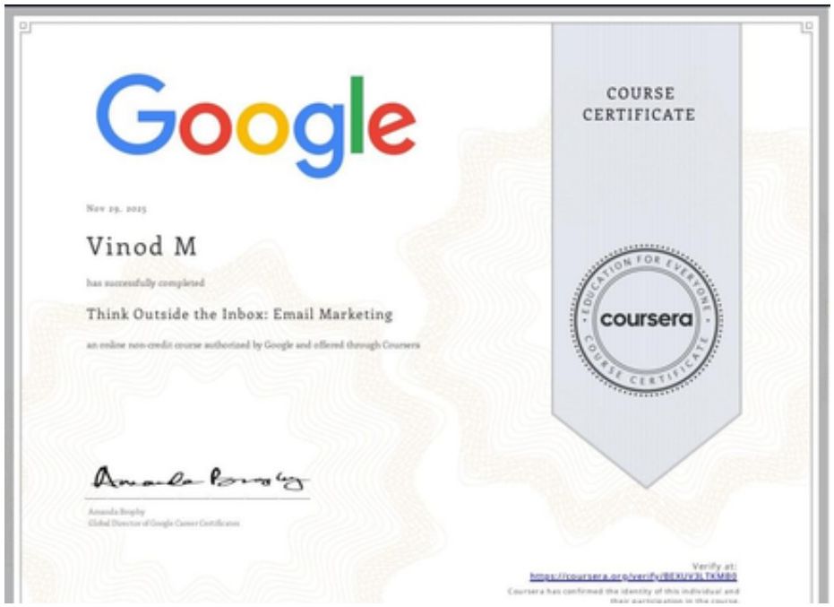 Think Outside the Inbox: Email Marketing certificate issued by Google (Coursera)