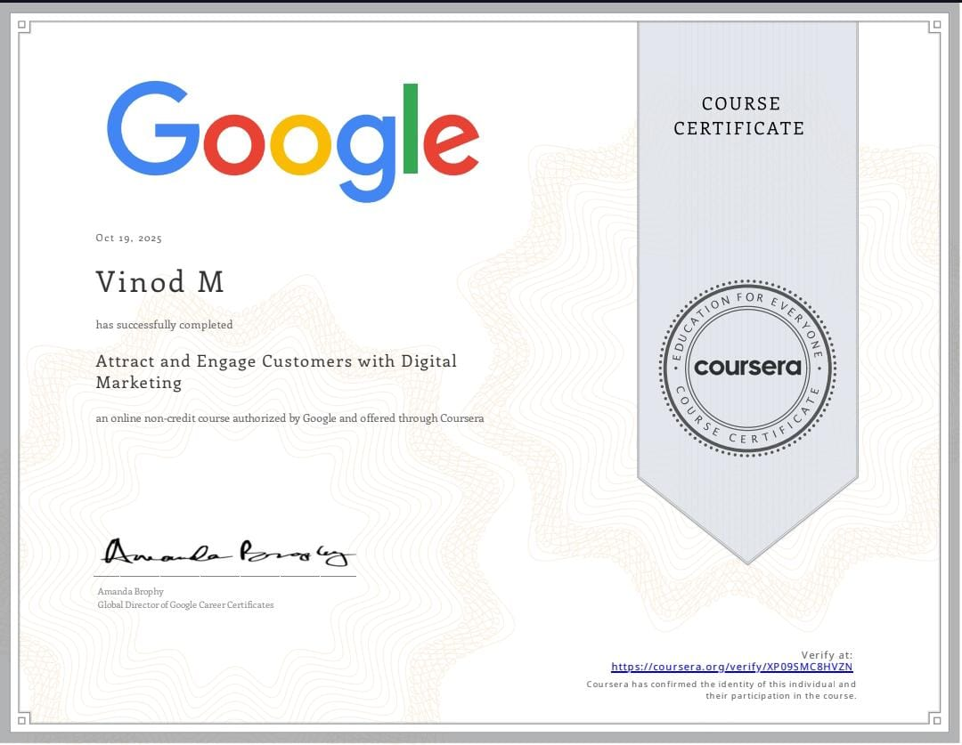 Attract and Engage Customers with Digital Marketing certificate issued by Google (Coursera)