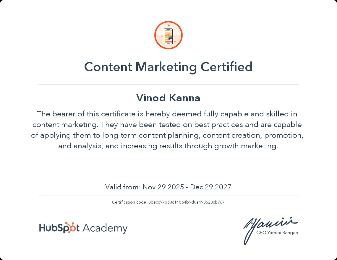 Content Marketing Certified certificate issued by HubSpot Academy