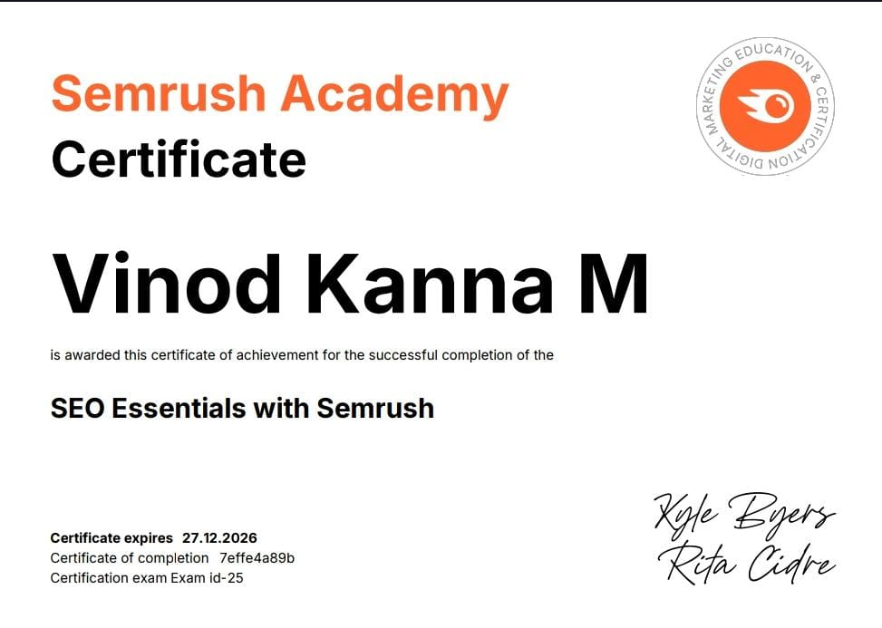 SEO Essentials with Semrush certificate issued by Semrush Academy