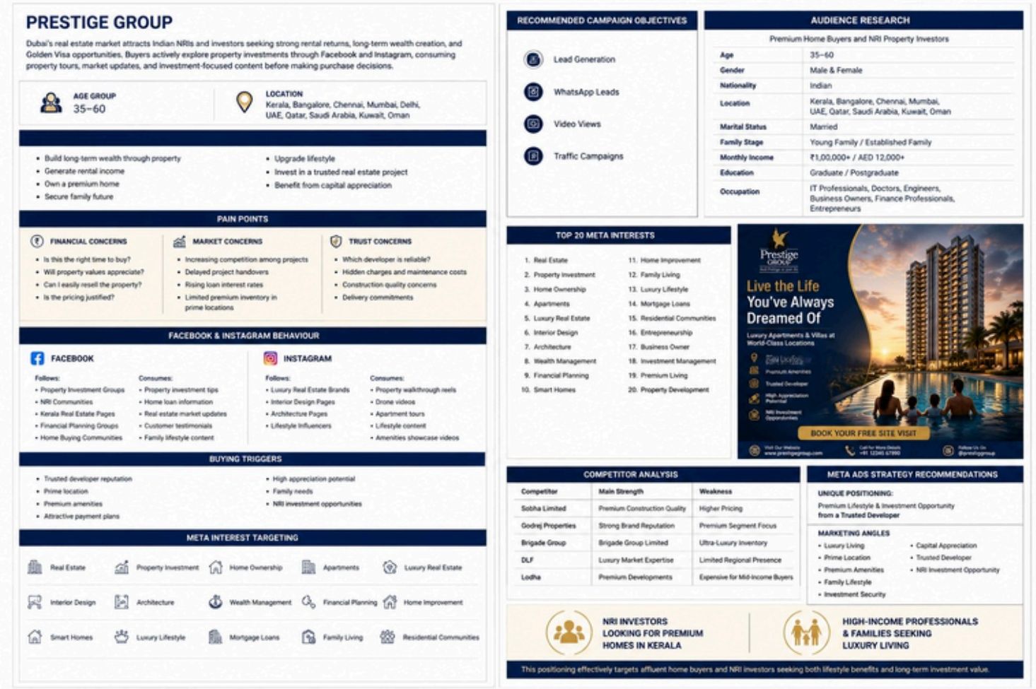 Prestige Group buyer persona research sheet with audience research, pain points, platform behaviour and Meta interest targeting